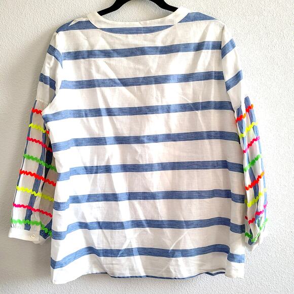 Vilagallo Size 44 Blue White Stripe Neon Wavy Color Sleeves Shirt Top Blouse - Picture 8 of 9